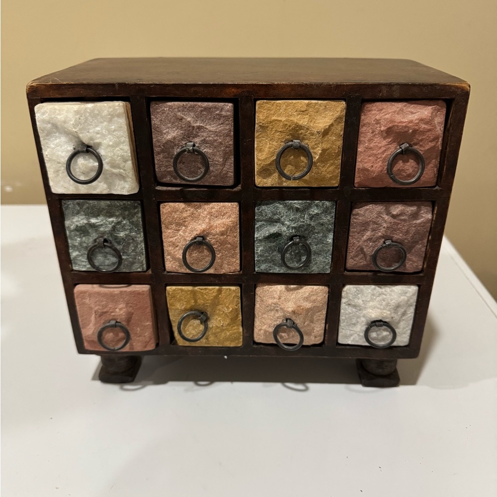 Vintage Twelve Draw Stone Front wood Apothecary Chest Jewelry Box